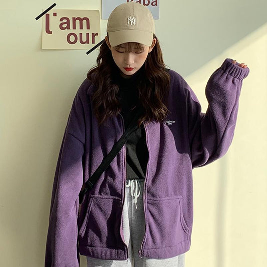 Plus Size Women Long Sleeve Hoodies Sweatshirts Casual Drawstring Zip-Up Pure Color Hoodie Jacket Coat