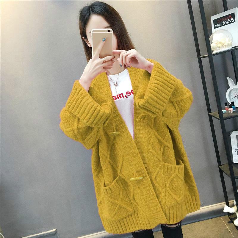 Knit Cardigan Sweater Plus Size Horn Buckle Sweater Autumn and Winter Coat Women Shirt Sweater Loose