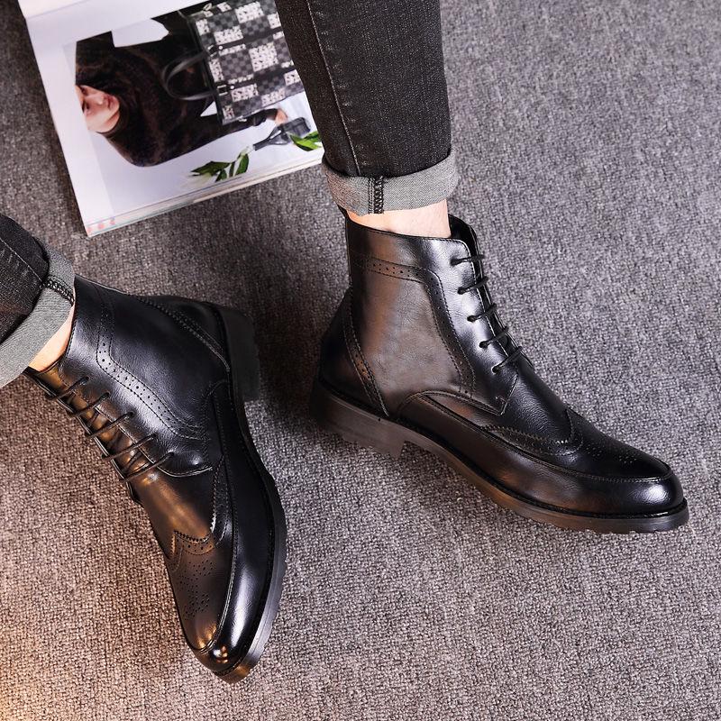 Autumn and Winter Brock Carved Pointed Toe Martin Boots Men's Leather Shoes Men's High-top Shoes