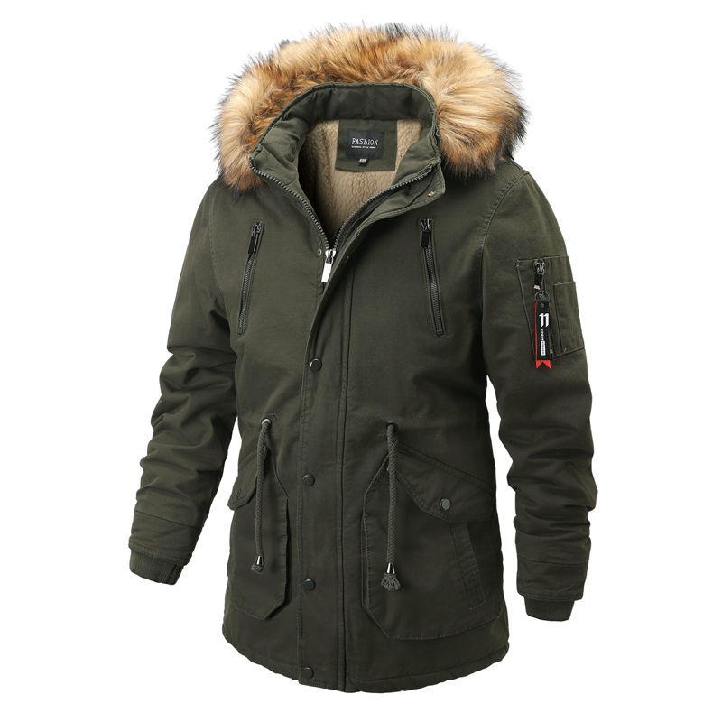 Winter Jacket Men's Plus Velvet Mid-length Padded Coat Cotton Coat Fur Collar Warm Men's Clothing