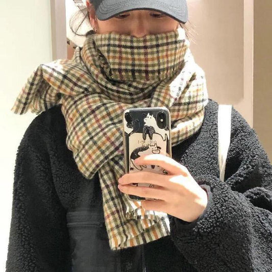 Winter Imitation Cashmere Scarf Korean Fashion Fringed Plaid Scarf Women's Dual-use Lengthened Thick Shawl Scarf