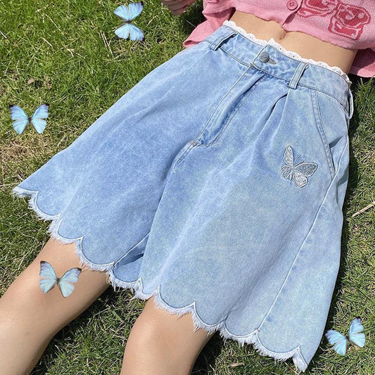 WTEMPO Lace Tassel Butterfly High Waist Denim Shorts Women Loose Spring and Summer Wide Leg A-line Thin Shorts