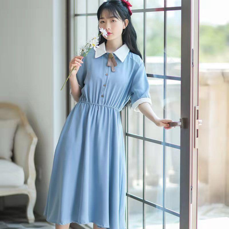 College Style Retro Slim Waist Temperament Dress Female Short-sleeved Mid-length Skirt A-line Skirt Bow Decoration Sweet and Cute