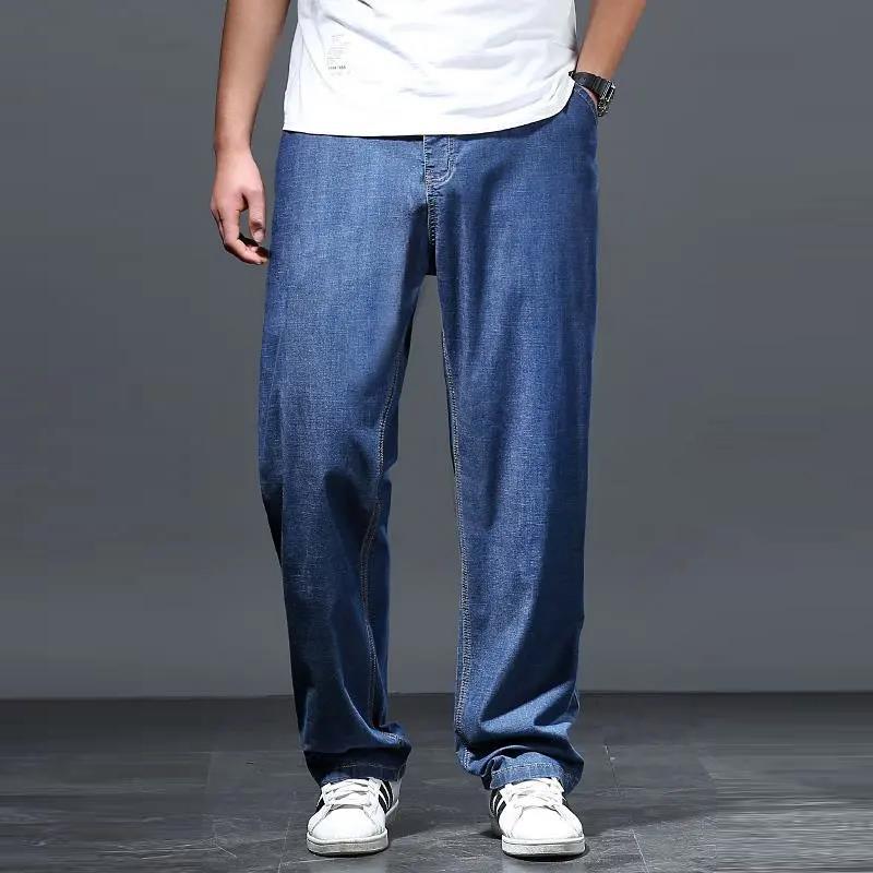 Summer Ice Silk Slim Jeans Men's Loose Straight Plus Fat Size Ultra-thin Wide-leg Pants