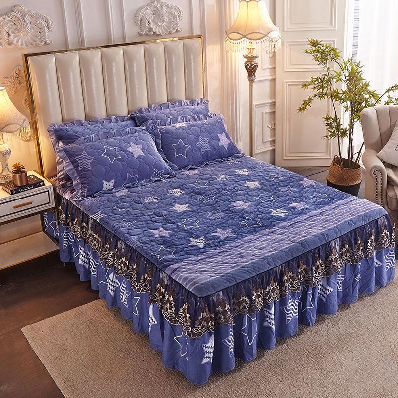 Thickened Plus Velvet Quilted Bed Skirt with Lace Edge Bedspread Non-fleece Winter Warm Crystal Velvet Four-piece Suit