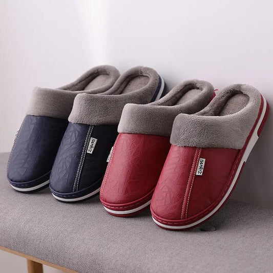 Autumn Winter Women's Home Indoor Waterproof Non-slip Thick-soled Warm Couple Thickened Pu Cotton Slippers