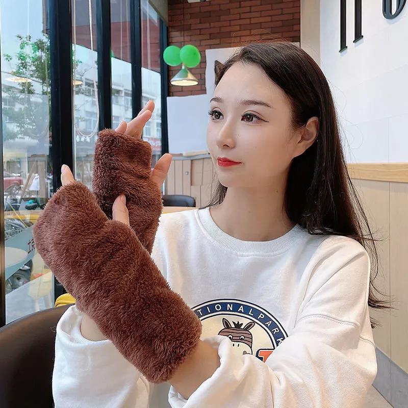 Women's Winter Plush Gloves Cute Fingerless Wristband Korean Thickening Warm Typing Arm Wrap Half Finger Mittens Hand Wrist Warm Thermal Gloves