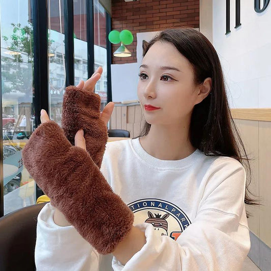 Women's Winter Plush Gloves Cute Fingerless Wristband Korean Thickening Warm Typing Arm Wrap Half Finger Mittens Hand Wrist Warm Thermal Gloves