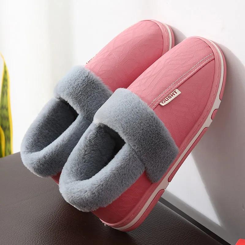 Bag Heel PU Leather Waterproof Winter Cotton Slippers Women's Indoor Household Non-slip Home Warm Cotton Shoes