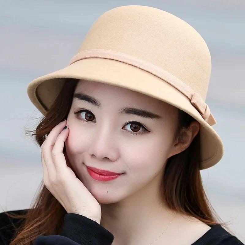 Women's Simple Elegant Pot Hat Wool Blended Bow Basin Hat Autumn Winter Solid Color Casual All-match Bucket Hat