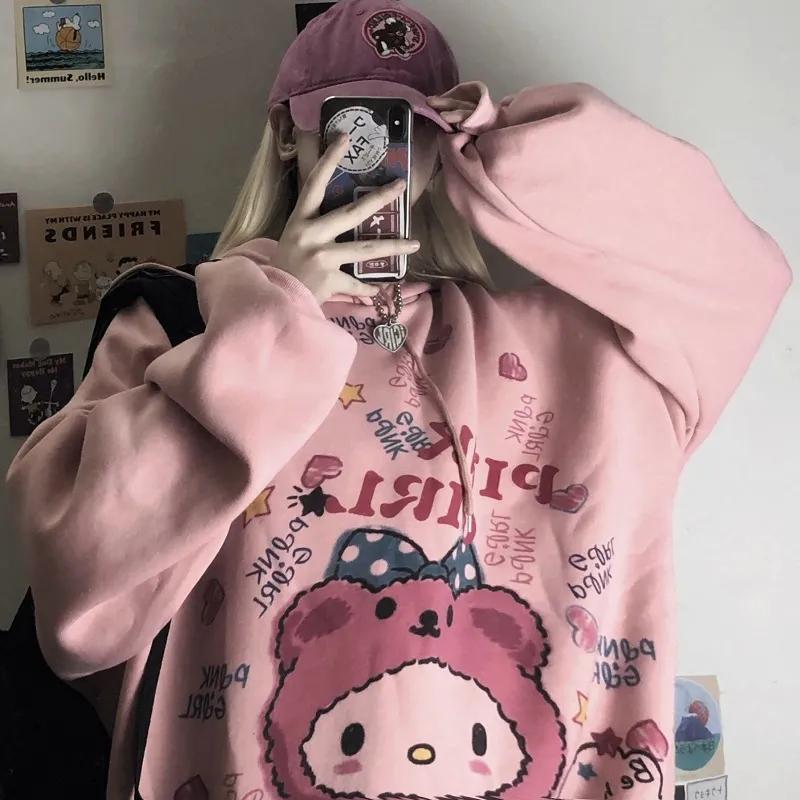 Hooded Sweatshirts Cartoon Printed Oversized Loose Harajuku Hoodies Women Winter Fleece Clothes Streetwear Hip Hop Pullover Tops Plus Size Sportshirts