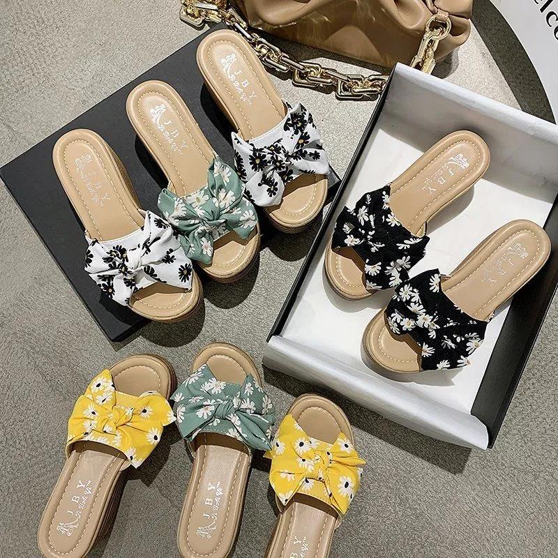 High-heeled Thick-soled Slippers Women's Summer One-word Thongs Are Thin and Heightened Bow Beach Sandals and Slippers