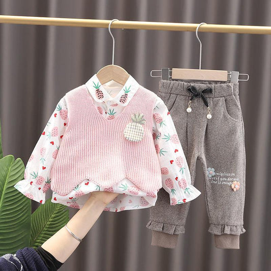 Female Baby Suit 0-5 Years Old Girl Korean Cute Spring and Autumn Clothes Long Sleeve Sweater Vest Three-piece