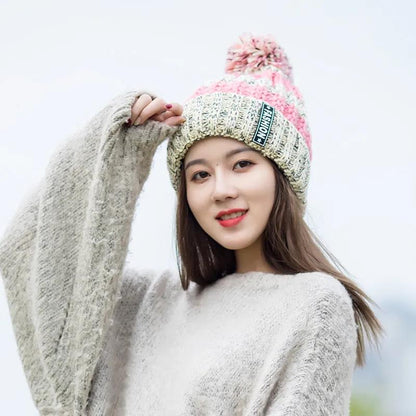 Winter Ladies Hat Korean Tie-dye Wool Ball Knitted Hat Women's Plus Velvet Thick Warm Woolen Yarn