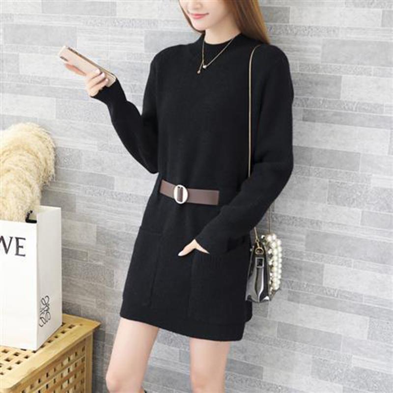 Korean Style Loose Outer Wear Mid-length Sweater Women Waist Slim Half Turtleneck Long Sleeve Autumn  Winter Base Sweater Dress