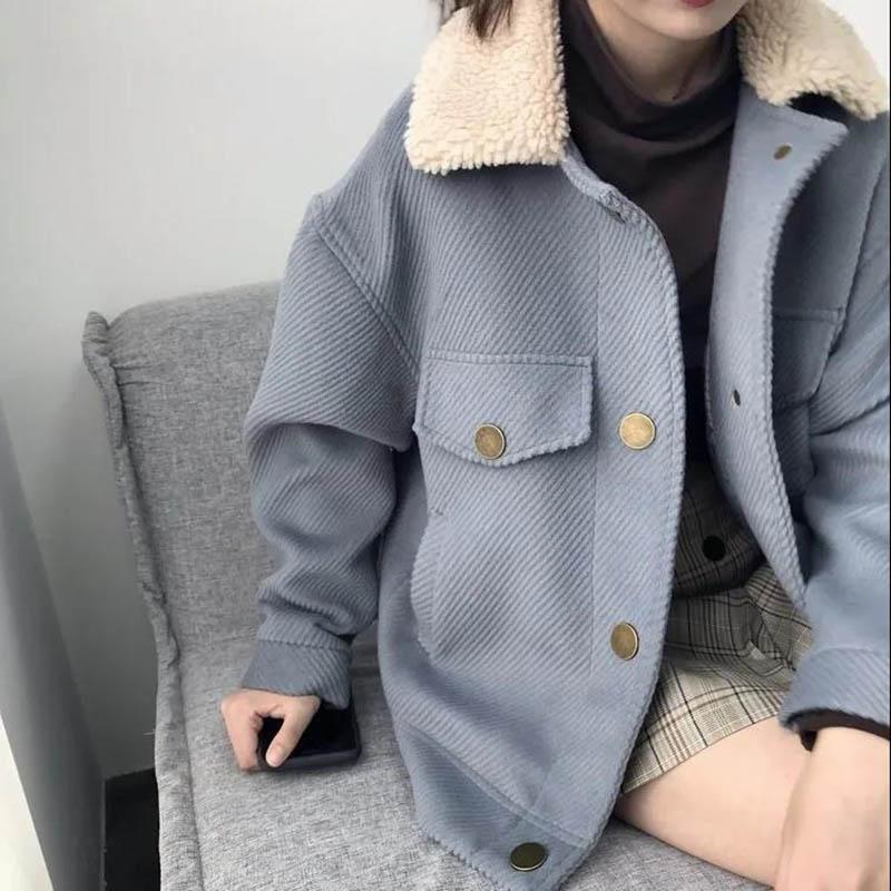 Retro Hong Kong-flavored Small Woolen Coat Female Autumn and Winter Lamb Fur Collar Thick Short Woolen Coat