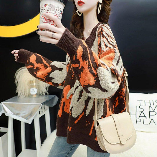 Vintage Color Matching V-neck Sweater Women all-mach Loose Pullover Knit Jumper Tops Autumn Winter