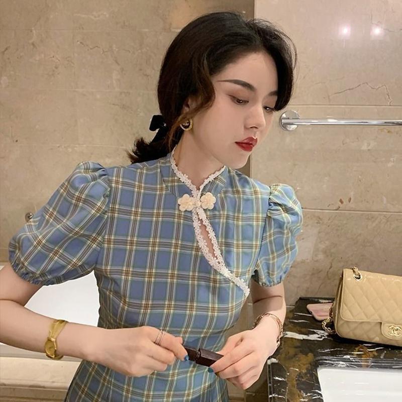 Improved Version of Cheongsam Female Summer Puff Sleeve Retro Plaid Dress with Waist and Thin Temperament Chinese Style