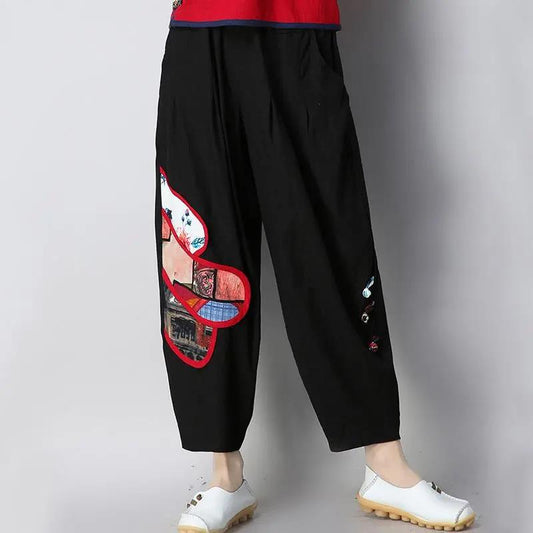 Nine-point Pants Wide-leg Pants Women Ethnic Style Printed Cotton and Linen Pants Loose Retro Thigh Pants Casual Pants