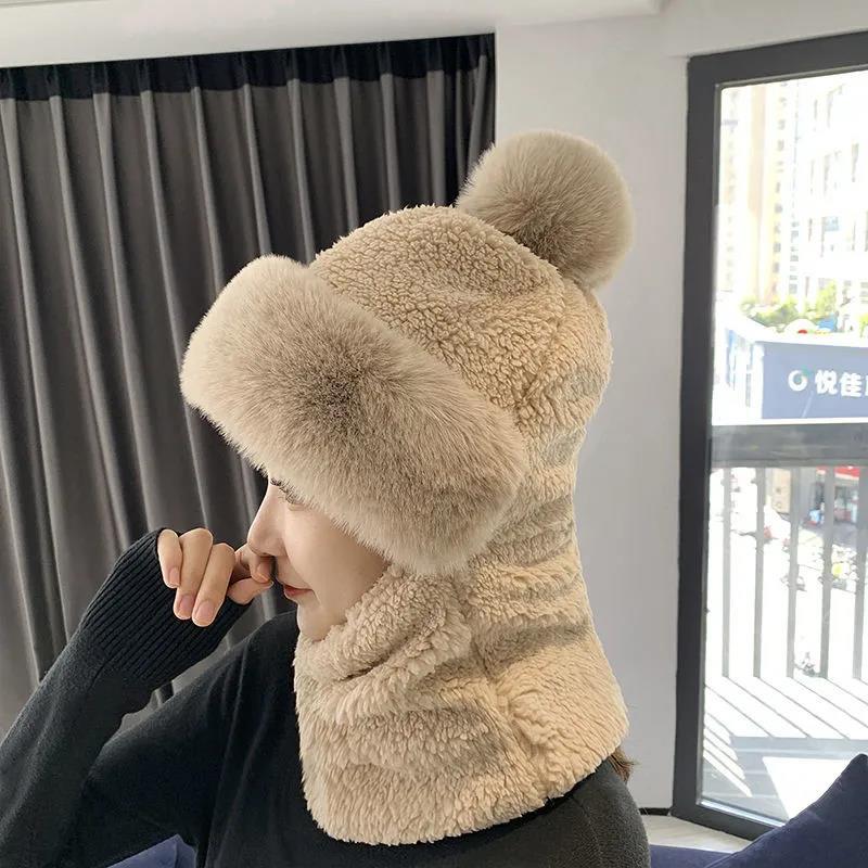 Women's Hat Autumn Winter Bib Mask Hat One Piece Ear Protection Windproof Hat Thick Warm Hat Fur Ball Cap Outdoor Riding Sports Facial Scarf Hats