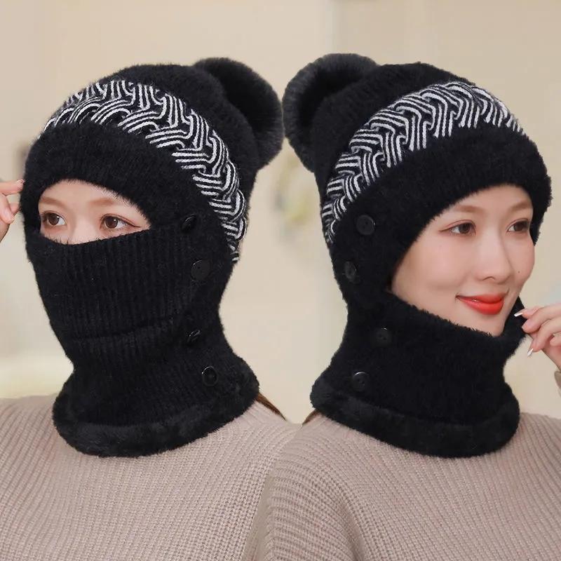 Women's Two-in-one Hat Scarf Winter Warm Woolen Cap Windproof Thick Woolen Caps for Riding Fur Ball Knitted Hats Facial Mask Scarf Set