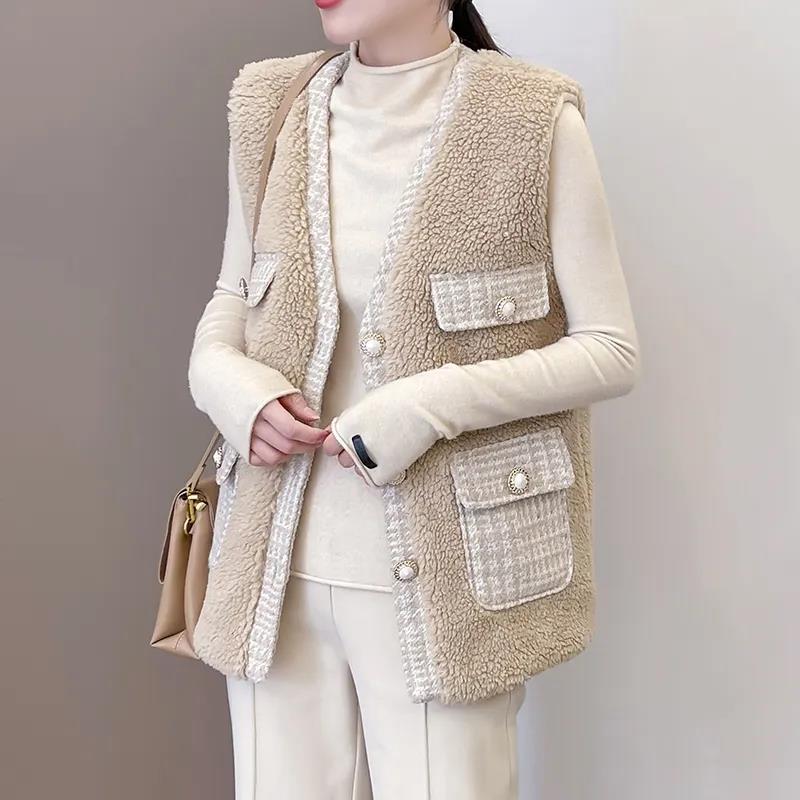 Lamb Wool Vest Women's Spring and Autumn Tweed Stitching Large Size Vest Fashion Jacket