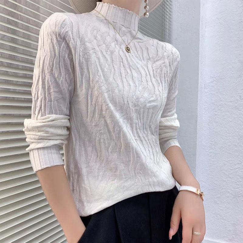 Autumn Winter Women Stretch Pleated Slim Knit Sweater All-match Thin Bottoming Shirt Top High Neck Pullover Jumper