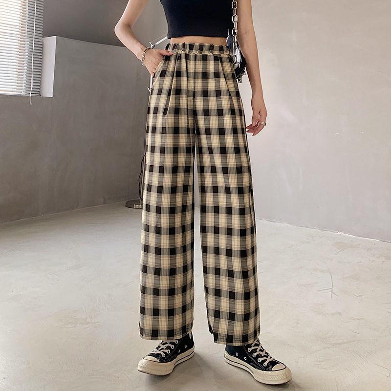 Women Spring Summer Long Pants Vintage High Waist Wide Leg Casual Pants Elastic Waist Loose Plaid Stripe Versatile Streetwear Straight Pants