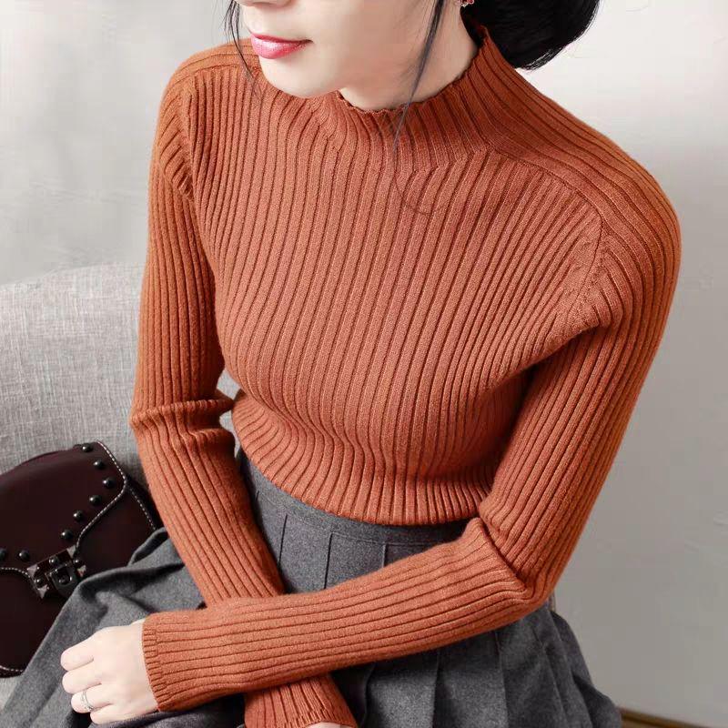 Pofulove Solid Color Half Turtleneck Slim Was Thin Sweater Women's Sweater Pullover Bottoming Shirt