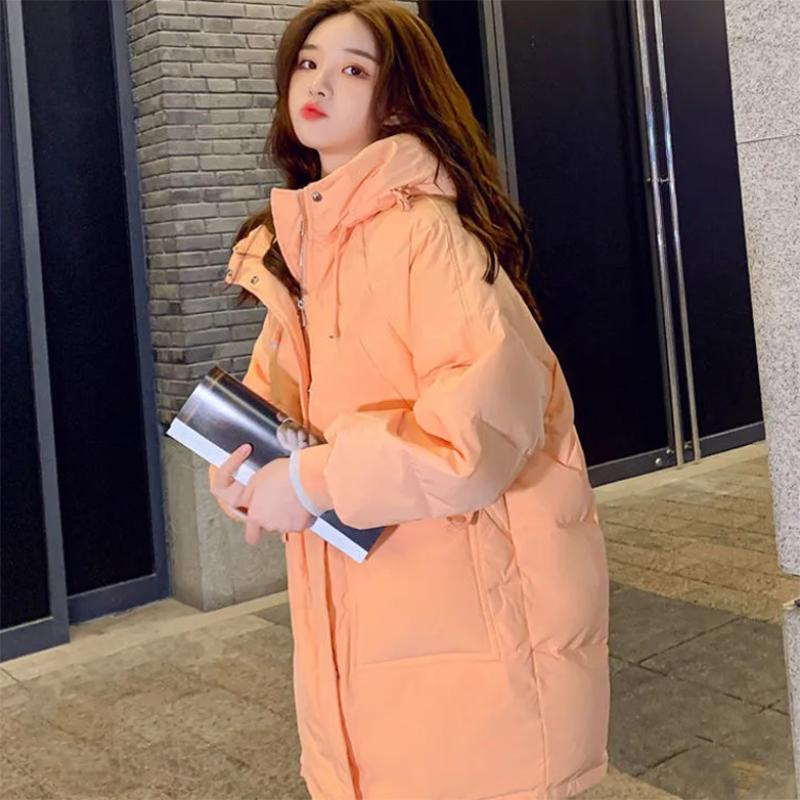 Women's Solid Color Mid-length Down Jacket Winter Korean Style Loose Plus Size Cotton Clothes Casual Hooded Padded Jacket Quilted Jacket