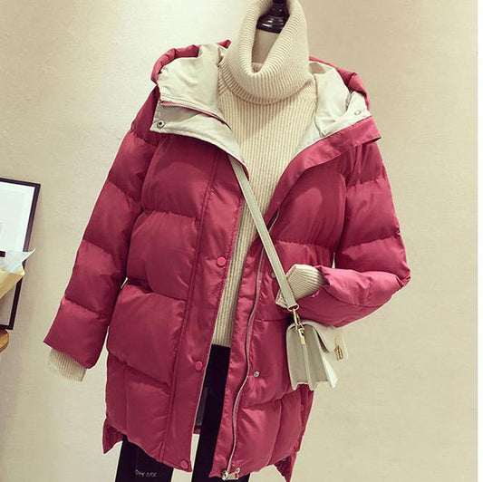 Winter Loose Warm and Windproof All-match Mid-length Hooded Padded Coat Jacket Down Cotton