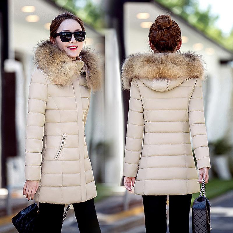 Slim Women Winter Jacket Cotton Padded Warm Thicken Ladies Coat Medium Long Down Coats Fur Collar Hooded Parka Mid-length Womens Jackets