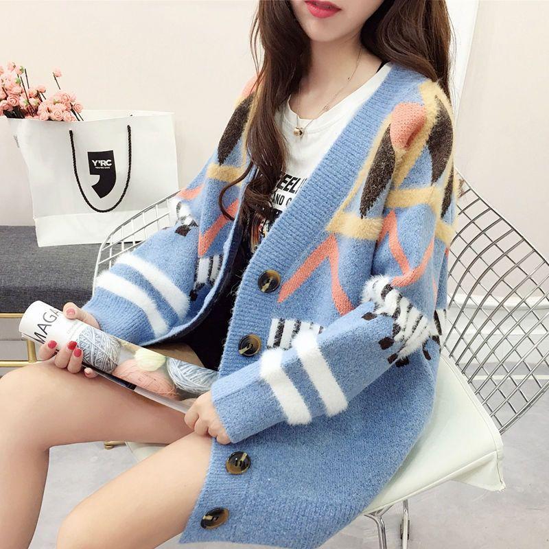 Women's Letters Jacquard Loose Knitted Jacket Long-sleeved V-neck Sweater Cardigan