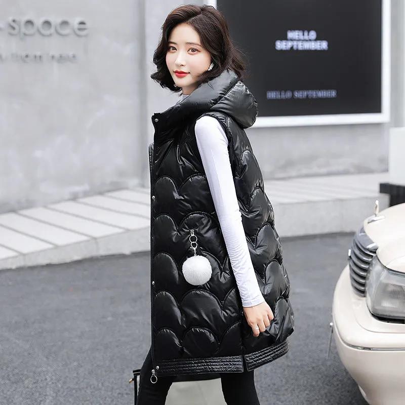 Disposable Bright Face Down Cotton Vest Women Thick Autumn and Winter Loose Coat Waistcoat Women Mid-length