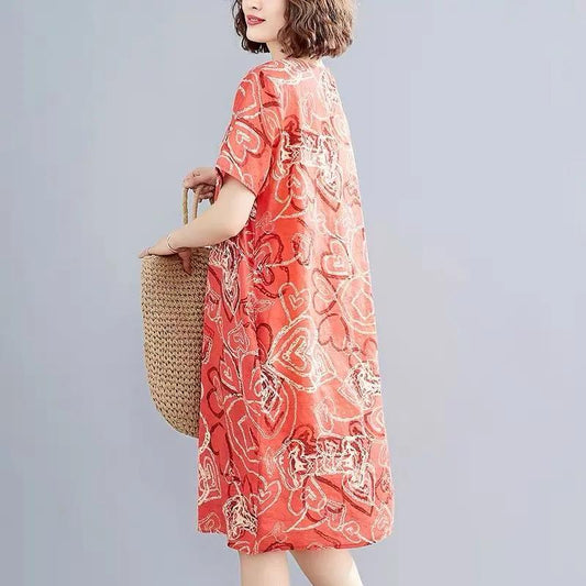 Short-sleeved Dress Summer Loose Large Size Fat and Thinner Round Neck Floral Mid-length Dress