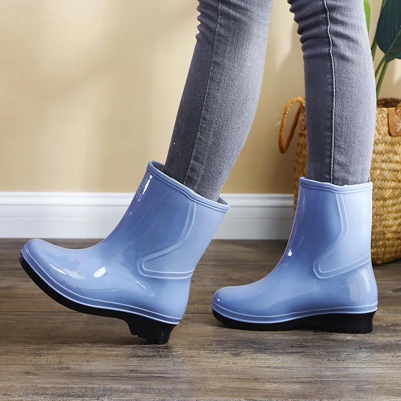 Waterproof Non-slip Women's Rain Boots Ladies Four Seasons Water Shoes Solid Color Middle-tube Rubber Shoes