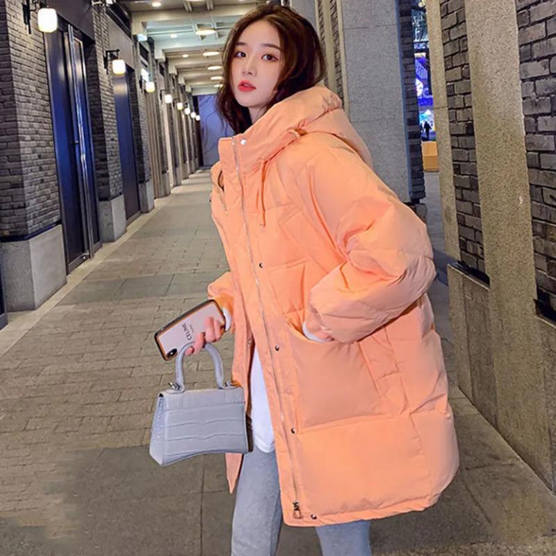 Women's Solid Color Mid-length Down Jacket Winter Korean Style Loose Plus Size Cotton Clothes Casual Hooded Padded Jacket Quilted Jacket