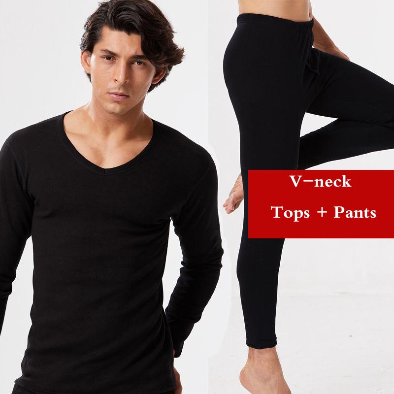 Men Winter Windproof Thermal Underwear Plus Velvet Thickened O-neck Warm V-neck Tops Pants Male Tight Suit Soft Lining Long Sleeve High elasticity