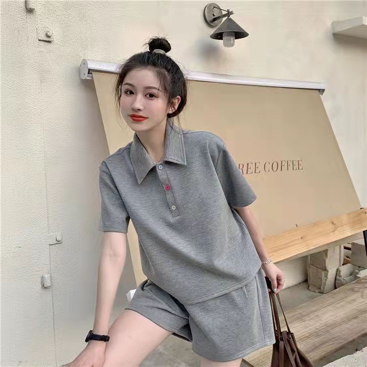 2PCS Casual Sports Suit Women's Summer Short-sleeved Polo T-shirt Shorts Sweet Two-piece Suit Workout Clothes Set