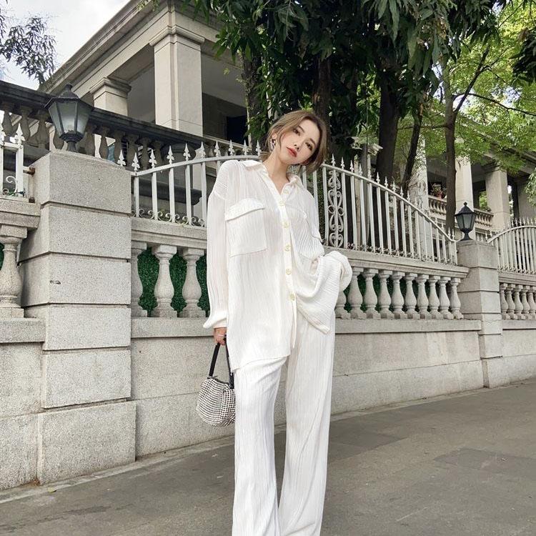 Women's Temperament Wide Leg Pants Set Vintage White Large Size Loose Casual Sunscreen Shirt Breathable Two-piece Set