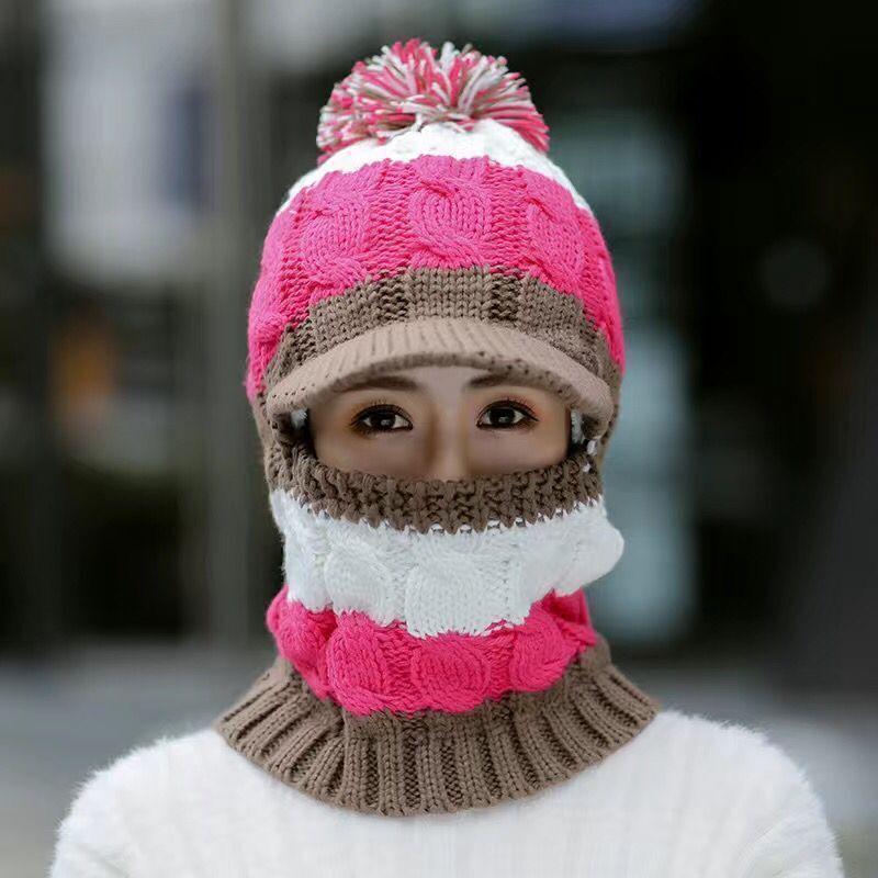 Autumn and Winter New Women's Cotton Hat Knitted Hat Warm and Velvet Thick Woolen Hat Windproof Cycling One-piece Hat