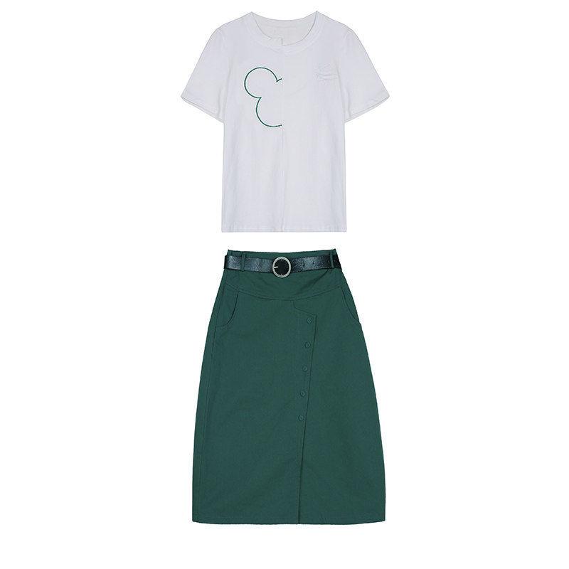 Thin Suit Skirt Female Waist Temperament Dress Summer Two-piece Round Neck Short-sleeved T-shirt + A-line Short Skirt Sweet and Cute Suit