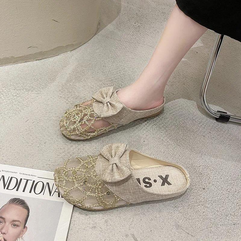 Lace Closed-toe Half Slippers Female Summer Hollow Linen Woven Loafers Lazy Outer Wear Sandals and Slippers