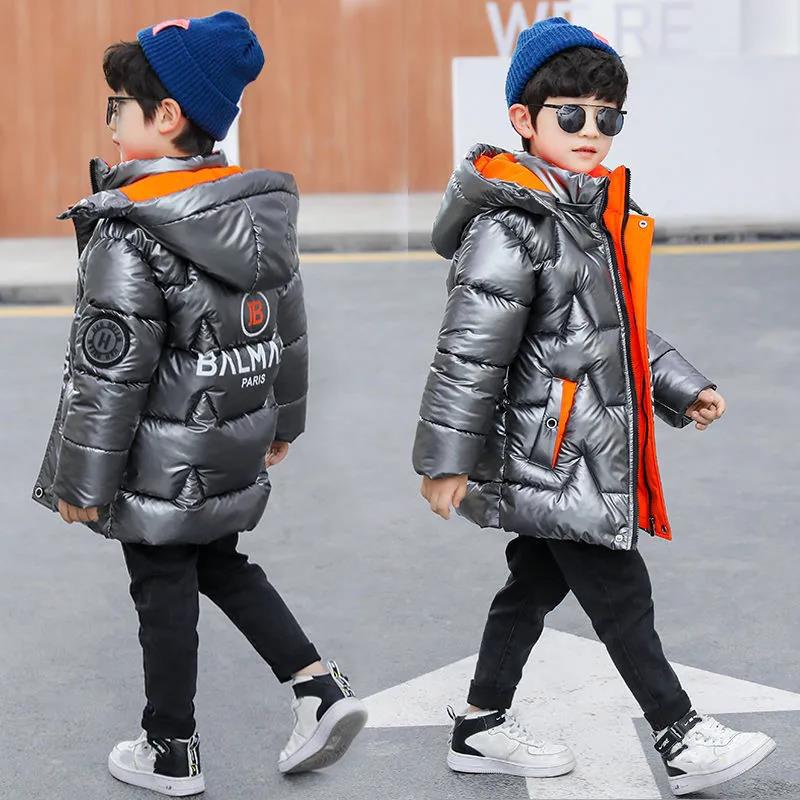 Fleece Boys' Winter Padded Jacket Big Children's Bright Leather Padded Jacket Children's Mid-length Down Padded Jacket