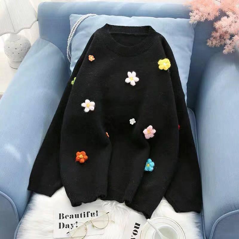 Pofulove Fashion Sweater Girl Pullover Autumn and Winter Korean Small Flower Loose Wild Sweater