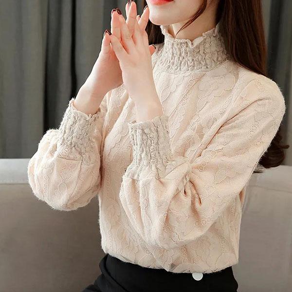 Women's Spring and Autumn Plush Lace Bottomed Shirt Female Long Sleeve Winter High Collar Thickened Solid Color Tops