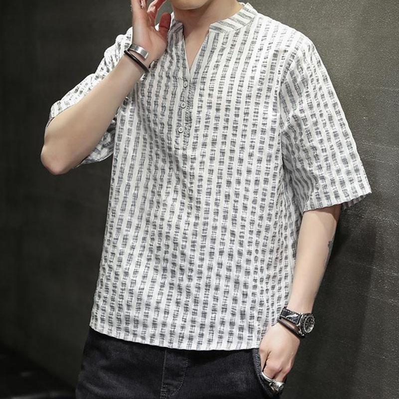 Striped Short-sleeved Men's Chinese Style Linen T-shirt Summer Korean Trend Cotton and Linen Half-sleeved Fashion All-match Loose T-shirt