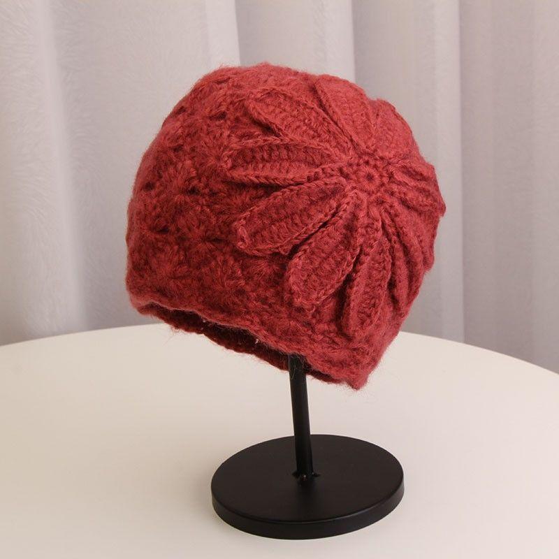 Knitted Hat Woman Autumn and Winter Wild Handmade Flower Warm Sweater Hat Bag Head Month Cap