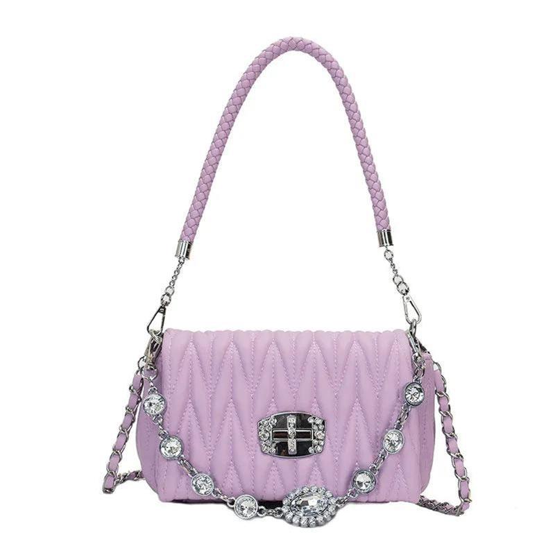 Fashion All-match Women's Bag Lingge Embroidery Rhinestone One-shoulder Diagonal Bag Color PU Handbag