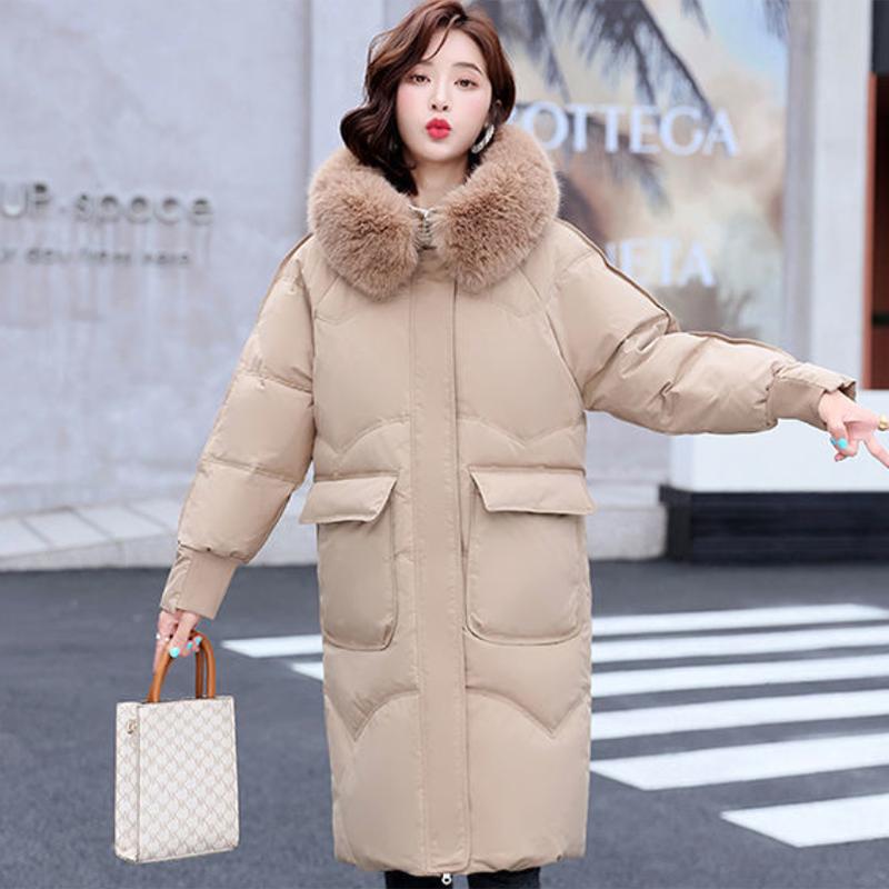 Women's Shiny Down Padded Jacket Mid-length Korean Style Loose Padded Jacket Warm Cotton Coat Big Fur Collar Winter Clothes